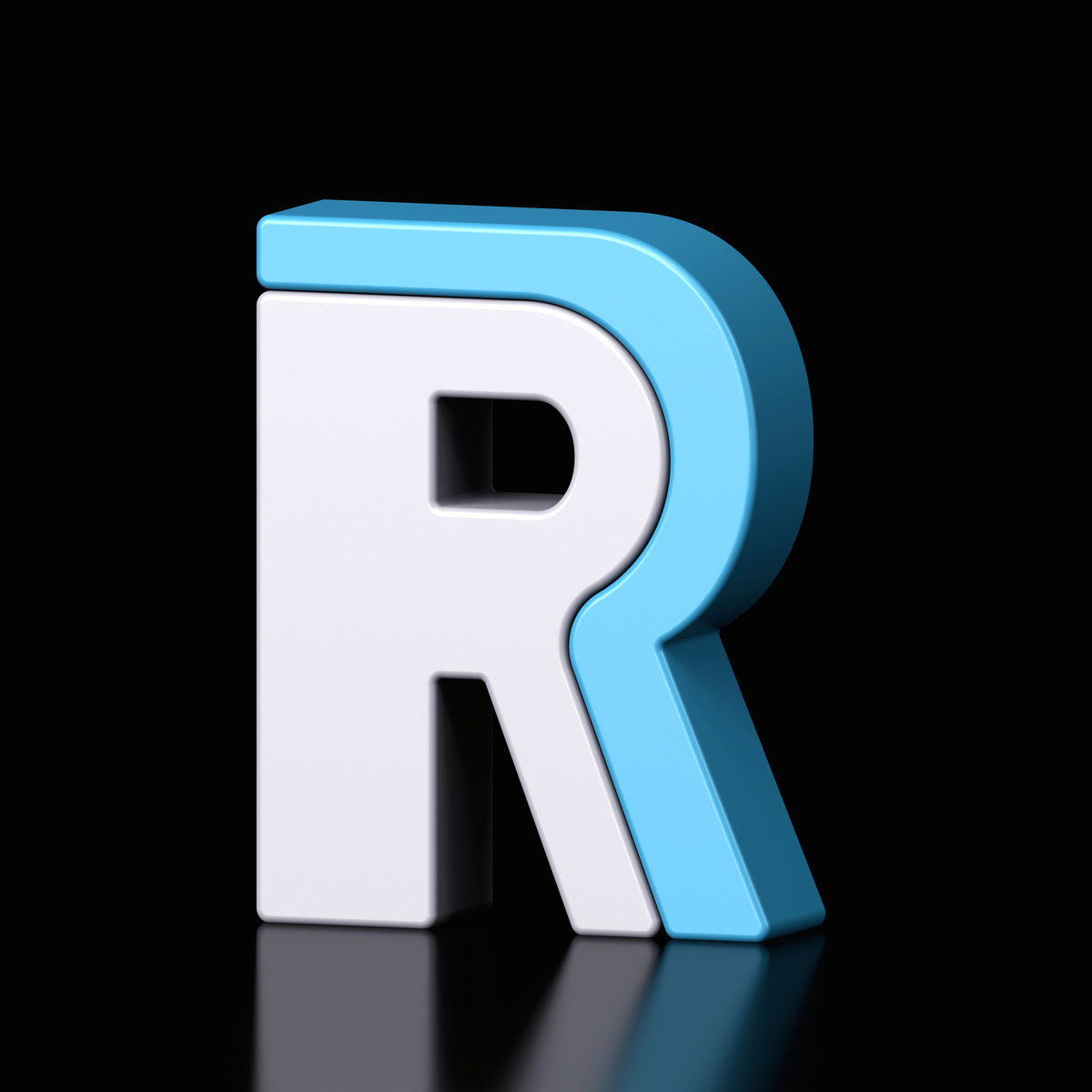 3d letter R plastic light blue and white from alphabet isolated in a black background. Hi tech metallic font character design illustration, text minimal style, 3d rendering